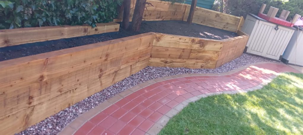 Brick Path, Sleeper Planters & New Turf Handbridge Landscaping & Joinery - Bespoke Brick Path, Sleeper Planters & New Turf in a Garden in Chester